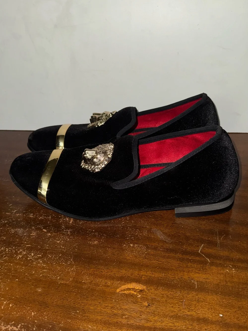 Tai Black Velvet Men's Slip-On Loafers with Gold Lion Medallion
